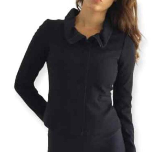 Theory Mariony Black Ruffled Neck Zip Up Ponte‎ Knit Zip Up Blazer Jacket Sz 4